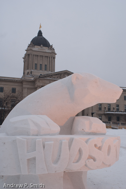 A sculpture of Hudson the polar bear, the newest addition to Winnipeg's zoo, in front of Manitoba's legislature building. 