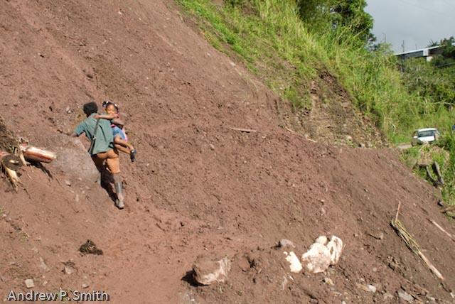 A resident of Cascade carries a child over a landslide on November 28 2008. 