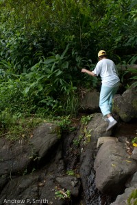 Negotiating one of the watercourses.