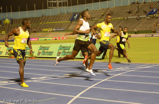 Usain Bolt winning the men's 100 metres in a time of 9.94 sec. ahead of Kemar Bailey-Cole (17) in 9.98 sec and Nickel Ashmeade (13) in 9.99 secs.